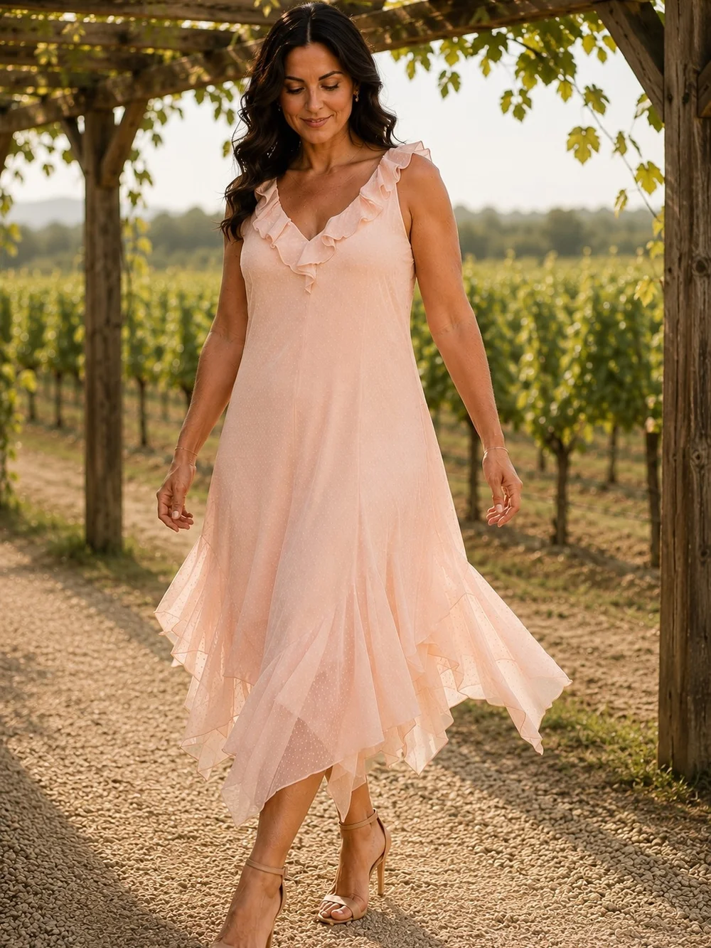 Lauren Ralph Lauren 100% Silk Pink Polka Dot Ruffle Midi Dress Women's 14 - Picture 1 of 8